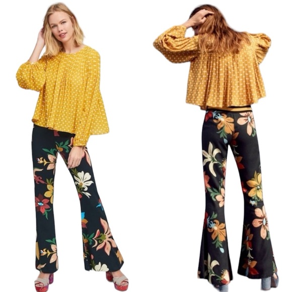 Farm Rio Anthropologie Women's Floral High Waisted Bell Bottom Pants - Picture 2 of 9
